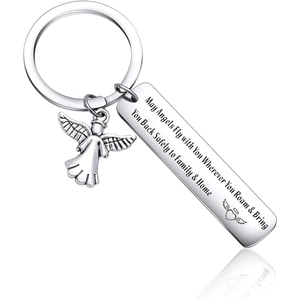 Que les Anges Volent Avec Toi Porte-clés en Acier Inoxydable Pendentif Ange Étiquette Gravée Bijou Commémoratif Cadeau pour Amis