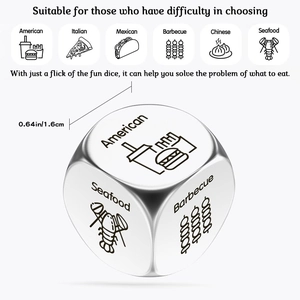 Silver stainless steel food decision dice with engraved icons and 0.64 inch size guide