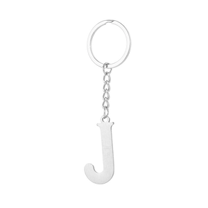 Polished stainless steel letter J keychain with silver circular ring and short link chain