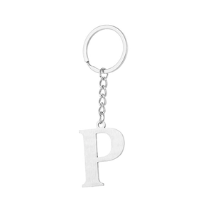 Detailed view of brushed silver metal letter P keychain with stainless steel ring