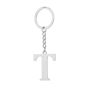 Polished stainless steel letter T keychain with a brushed finish and sturdy round ring