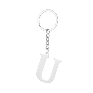 Polished silver stainless steel letter U keychain with circular ring and link chain