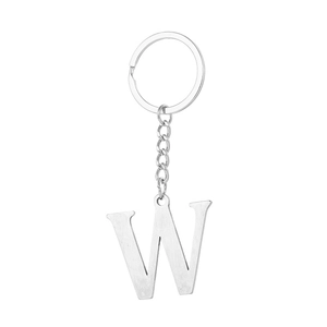 Macro shot of silver letter W keychain with brushed metal texture and stainless steel ring