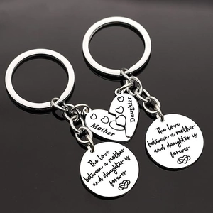 Polished stainless steel mother daughter heart keychain set with engraved quote
