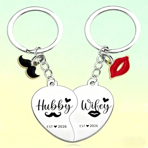 Porte-clés Puzzle de Coeur Hubby And Wifey en Acier Inoxydable Breloques Moustache Et Lèvres Cadeau de Mariage Anniversaire