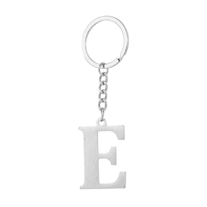 Polished stainless steel letter E keychain with a brushed metal texture on a white background