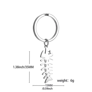 Detailed view of silver stainless steel fishbone keychain with 35mm size specifications