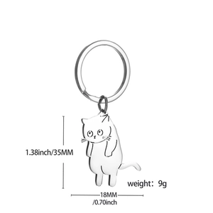 Detailed view of the cute stainless steel cat keychain showing 35mm height and 18mm width