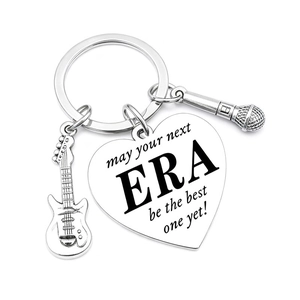 Stainless steel music fan keychain with guitar, microphone, and ERA heart pendant