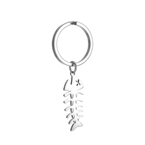 Polished silver stainless steel fish bone keychain with a minimalist hollow design