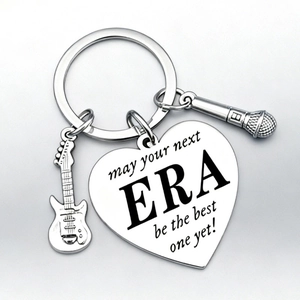 Stainless steel guitar and microphone keychain with engraved heart charm for music fans