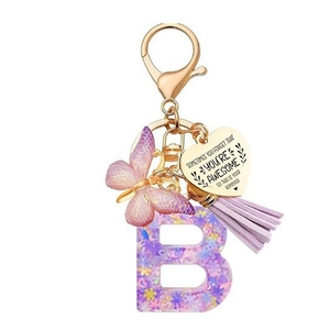Porte-clés lettre B en résine violette pailletée avec papillon et charme de cœur