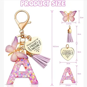 Porte-clés lettre A en résine à paillettes avec papillon et pendentif cœur dimensions