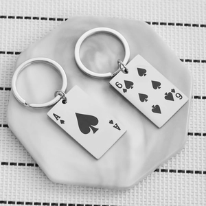 Creative stainless steel playing card keychains with Ace and Six of Spades laser engraving