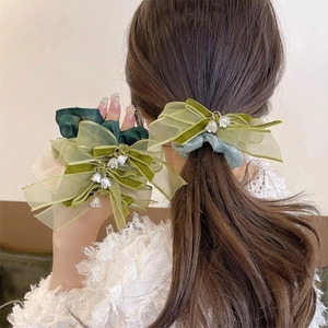 Eleganti Elastici Per Capelli Con Fiocco Mughetto Per Donna Dolce Stile Foresta Verde Organza Velluto Nastro Accessori Per Capelli