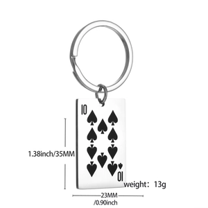 Stainless steel poker ace of spades keychain with detailed dimensions and polished finish