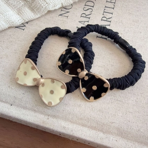 Vintage Polka Dot Bow Scrunchie Black Elastic Hair Tie With Metal Edge Bowknot Ponytail Holder For Women Hair Accessories