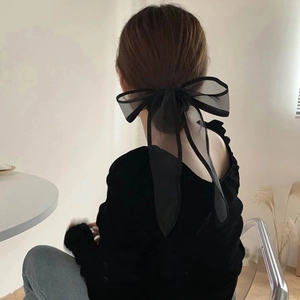 Elegant Oversized Black Organza Bow Hair Scrunchie With Long Streamers Korean Style Mesh Large Bowknot Hair Tie For Women