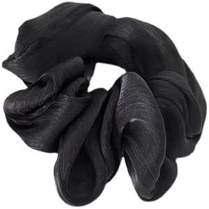 Elegant black pleated satin oversized hair scrunchie with soft fabric and glossy finish