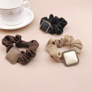 French Vintage Satin Scrunchie With Elegant Square Metal Charm Solid Color Elastic Hair Ties For Women Daily Hair Accessory