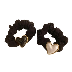 Elegant black and white chiffon hair scrunchies with metallic heart charms set
