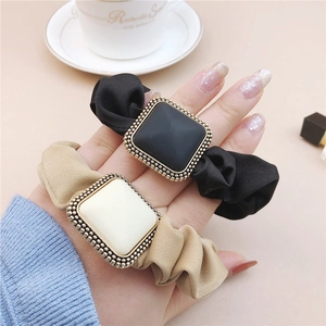 Vintage satin scrunchies in black and beige with square heart charms for women