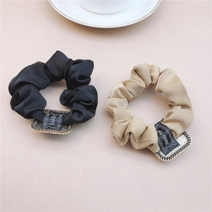 Retro silk scrunchies set in black and beige with gold square charms and hand made tags