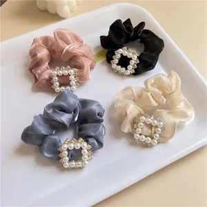 Elegant Satin Scrunchies With Faux Artificial Pearl Rhinestone Square Buckle Korean Style Hair Ties For Bun Women Hair Accessories