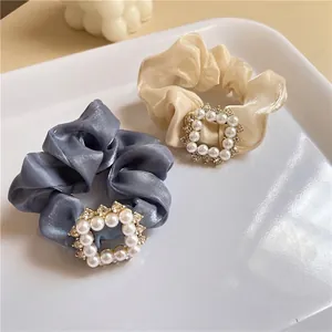 Elegant satin hair scrunchies with pearl buckle in champagne and grey blue set
