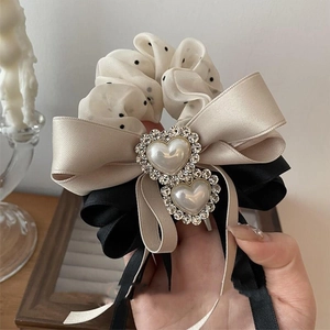 Elegant Satin Bow Scrunchie with Heart Faux Artificial Pearl Rhinestone Polka Dot Chiffon Hair Tie for Women French Vintage Accessory