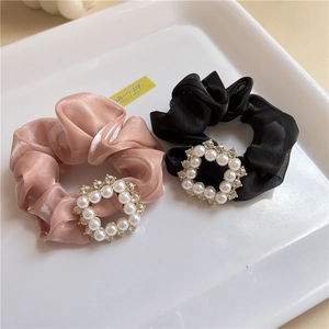 Elegant pearl and rhinestone hair scrunchies in pink and black silk fabric