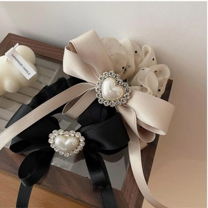 Elegant satin bow scrunchies with heart pearl and rhinestones in black and beige