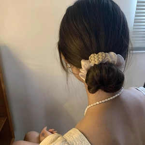 Elegant Satin Hair Scrunchie With Woven Heart Ornament Milk Tea Khaki High Elastic Hair Tie For Women Daily Hair Accessories