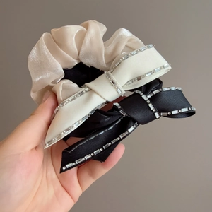 Elegant Satin Bow Scrunchie With Rhinestones Bling Hair Band High Elasticity Korean Style Hair Rope For Women Hair Accessories