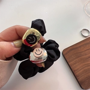 Korean Style Minimalist Black Satin Scrunchie With Gold Silver Alloy Smiley Face Buckle High Elasticity Hair Tie For Women