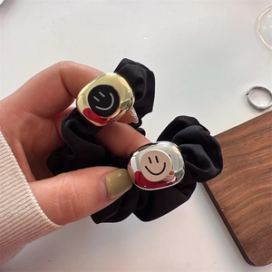 High-elastic black satin scrunchies with gold and silver smiley face metal buckles