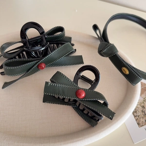 Vintage French Dark Green Artificial Leather Bow Hair Claw Clip Set For Women Elegant Bowknot Headband Hair Accessories