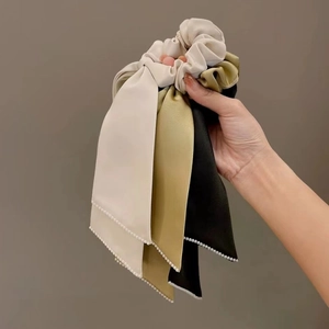 French Style Satin Bow Scrunchies With Artificial Pearl Streamer Elegant Ribbon Hair Tie Large Hair Accessories For Women Girls