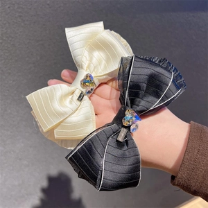 Women Elegant Bowknot Satin Scrunchie With Rhinestone Heart Charm Korean Style Sweet Hair Tie Accessory Daily Outing Ornament