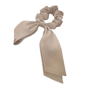 French style satin bow scrunchie with long ribbons and pearl accents in cream white