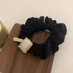 French style black scrunchie with vintage pearl square charm and golden metal pendant