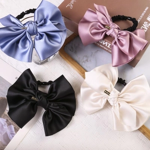 French Retro Large Satin Bow Hair Ring Sweet Bowknot Hair Ties Elastic Scrunchies With Metal Tag For Women Hair Accessories