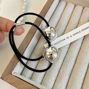 Minimalist High Elasticity Black Hair Tie With Polished Silver Metal Ball For Women Simple Round Bead Scrunchies Ponytail Holder