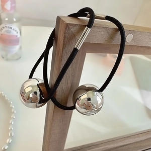 Black high-elastic hair ties with polished silver metal ball and minimalist metal tube clasp