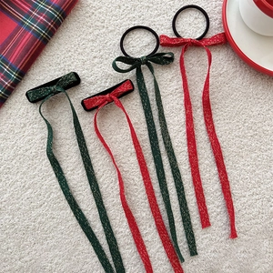 Nœuds de Cheveux de Noël Festifs Avec Longs Rubans et Soie Métallique Dorée pour Femmes Filles Rouge Vert Pinces à Cheveux Élastiques à Cheveux