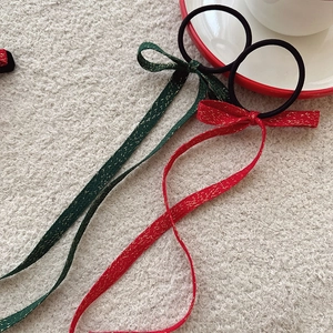 Élastiques à cheveux avec nœuds ruban rouge et vert, fils dorés et texture brillante