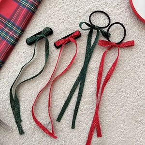 Ensemble de barrettes et chouchous nœuds rouges et verts avec fils dorés brillants