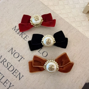 Barrettes à nœuds en velours vintage avec relief de rose perle en trois couleurs