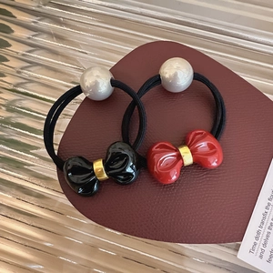 Elegant bow and pearl hair tie set with high-elastic ropes in black and red finishes