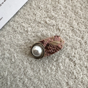 Elegant vintage tweed hair clip with imitation pearl and gold metal button decoration